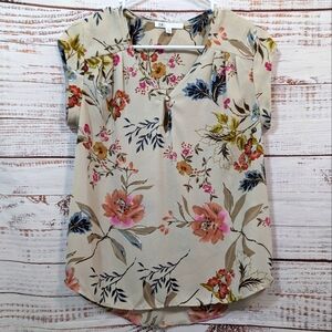 DR2 Beige Multicolored Flowers V-neck Short Sleeve Blouse PXS
